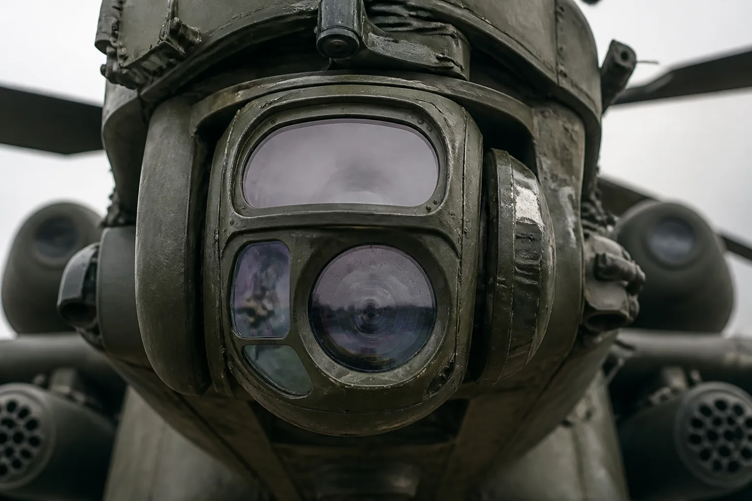 An attack helicopter's chin turret and sensor ball seen close from front-low, optics reflecting grey sky (AI-generated image)