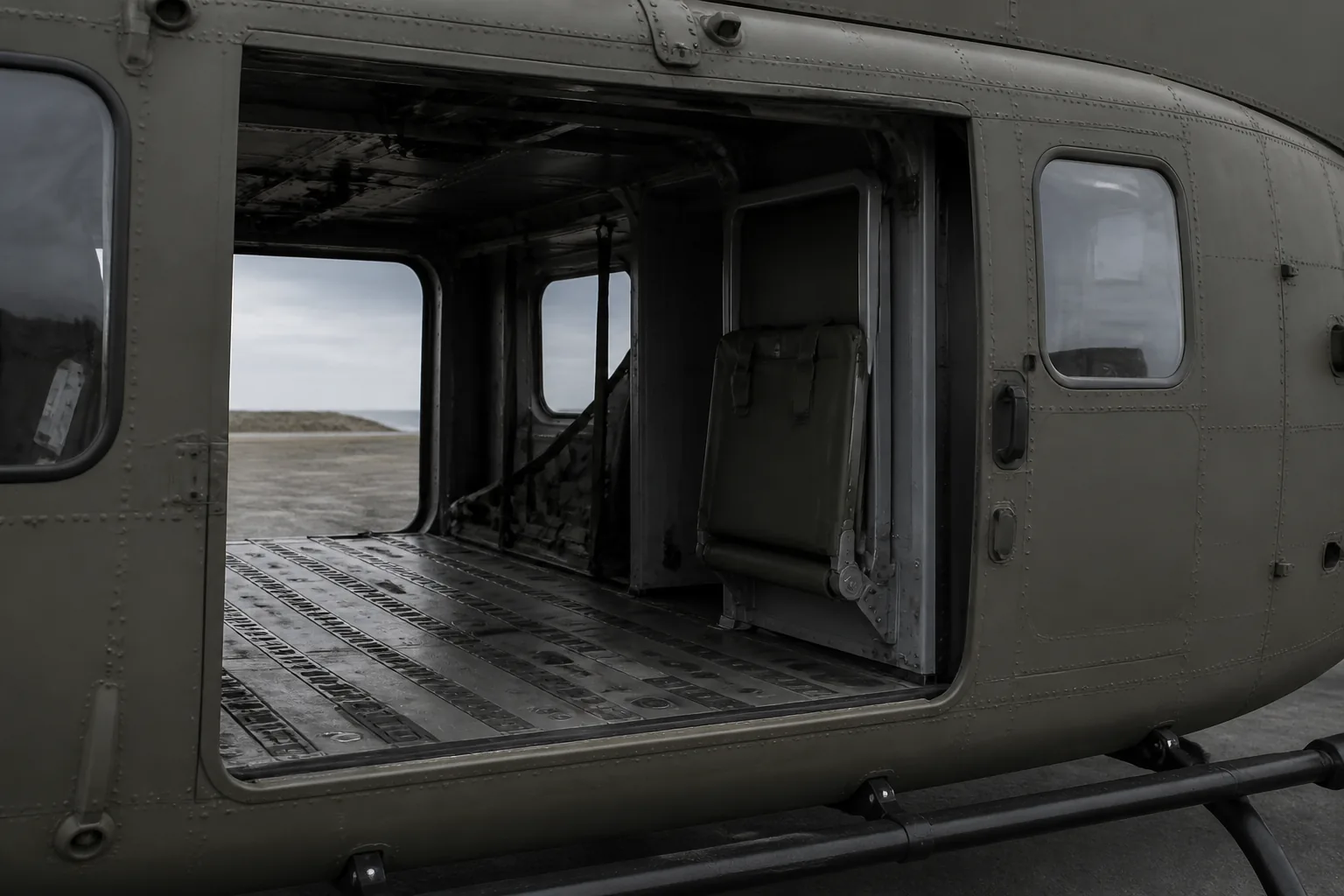 A utility helicopter's open cabin door with a folded seat and a cargo tie-down floor (AI-generated image)
