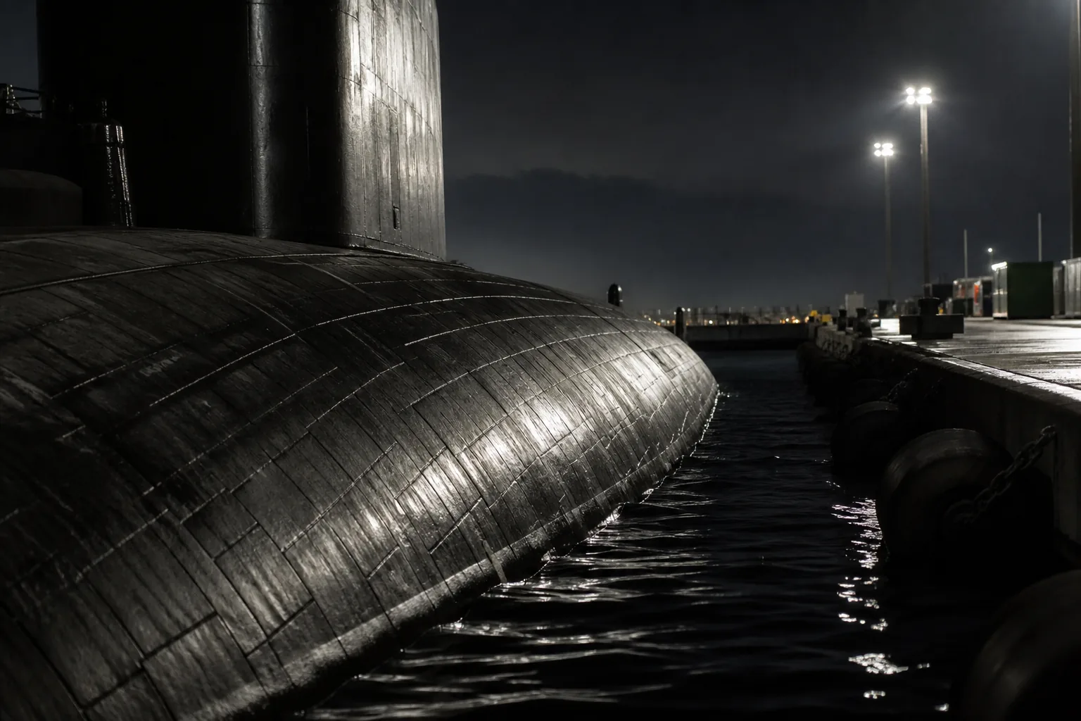 A submarine's black hull and sail alongside a pier in low light, water lapping at the coating (AI-generated image)