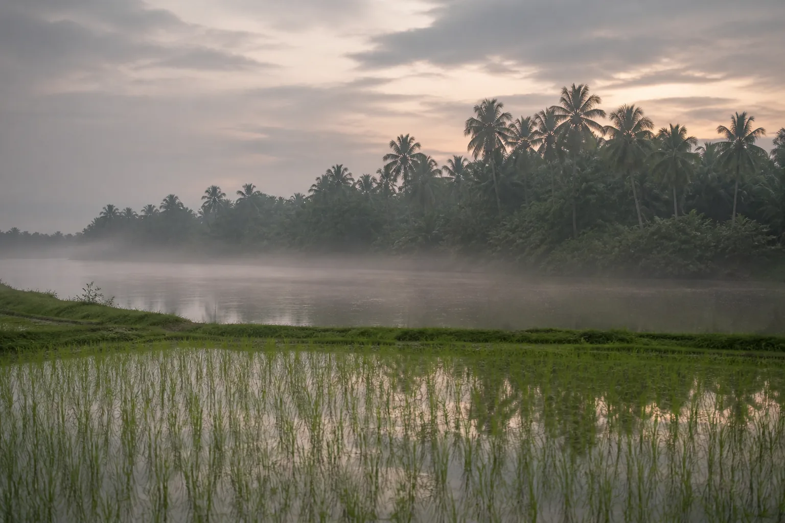 A river delta at first light: flooded paddy, a palm line on the far bank and mist on the water (AI-generated image)